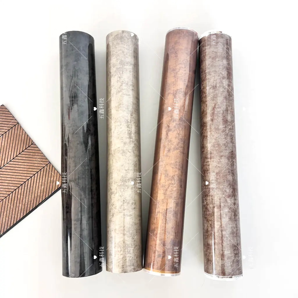 Retro mottled wood grain heat transfer film for in-mold/out-of-mold mounting