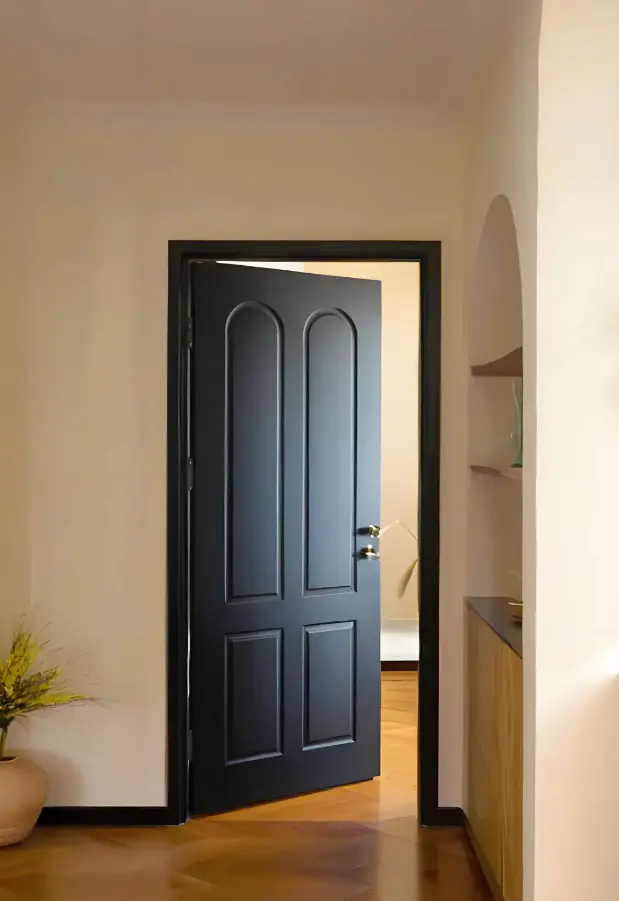 Fine straight wood grain heat transfer film applied to WPC door panels